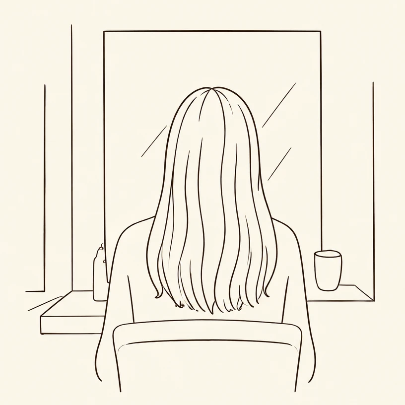 Line drawing of a client seated facing the salon mirror
