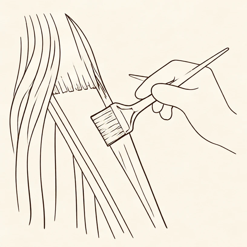 Line drawing of a brush applying colour to hair strands